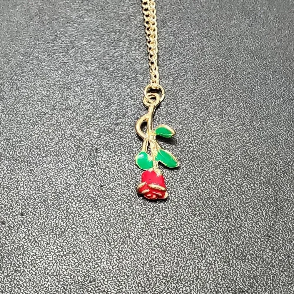 Gold tone red enamel rose pendant necklace 20-22